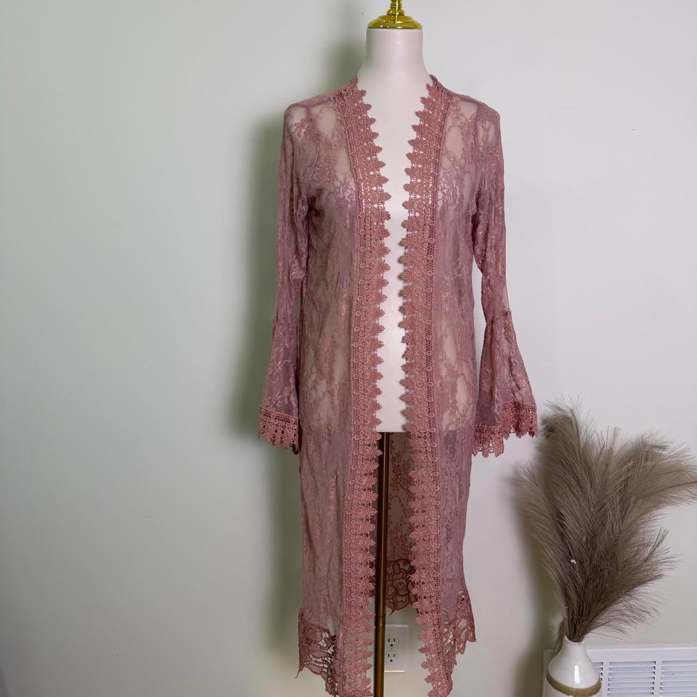 Polly & Esther Size M Dusty Rose Sheer Floral Lace Duster Kimono Cardigan